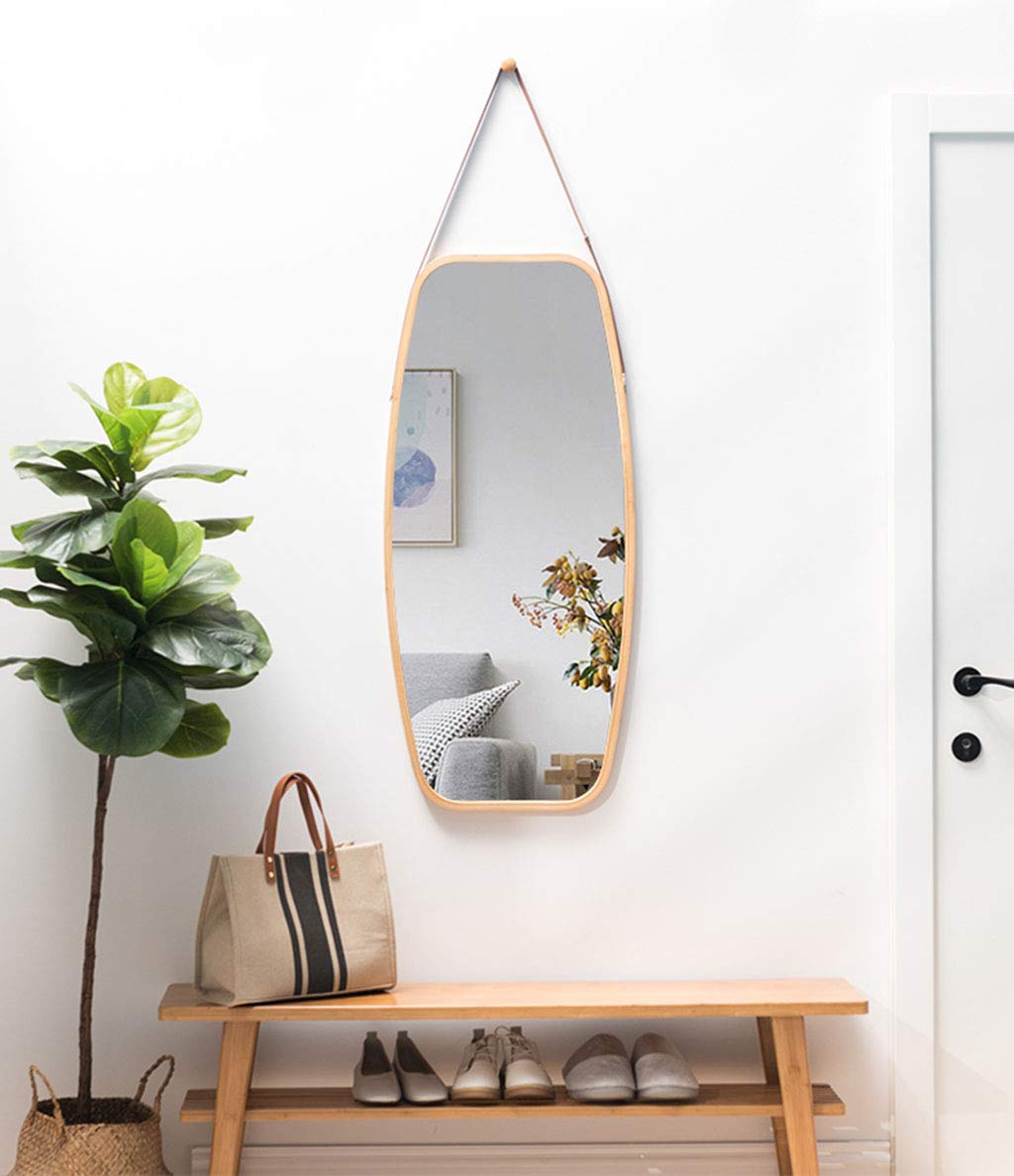 Full Length Wall Mirror with Adjustable Faux Leather Strap & Bamboo Frame - Bathroom Vanity Mirror for Makeup, Dressing Room Decor, Bedroom Hanging Mirror