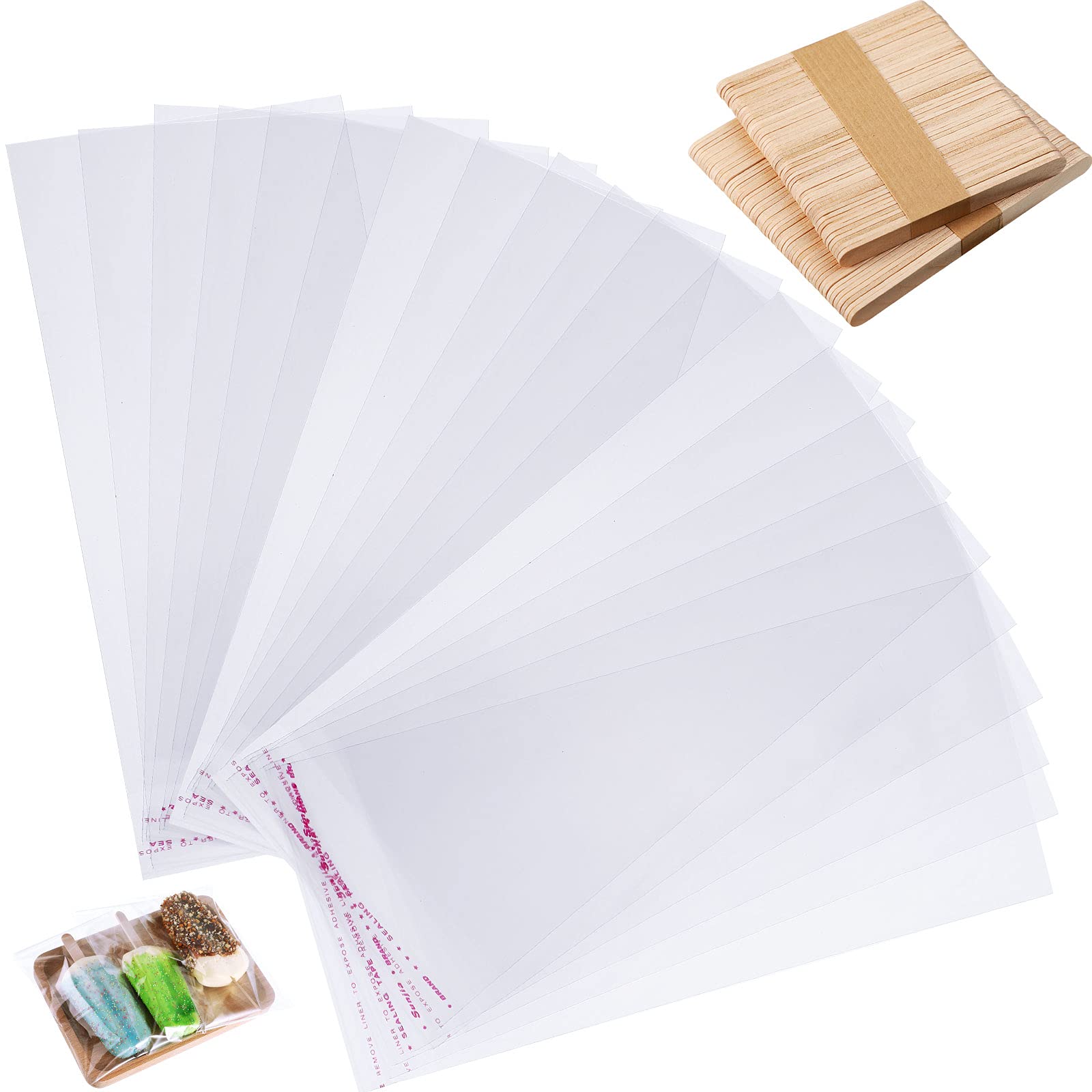 400 Pcs Ice Cream Sticks & Bags Kit - 300 Self-Adhesive Clear Pop Bags + 100 Wooden Sticks for DIY Ice Cream, Summer Parties & Frozen Treats | Perfect for Dessert Making, School Events & Birthday Celebrations