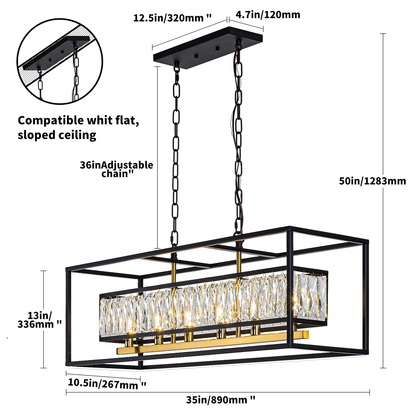 Luxury Black Gold Modern Crystal Chandelier - 6-Light Rectangular Linear Pendant Light Fixture for Dining Room, Living Room, Kitchen Island - Elegant Lighting for Home Decor & Interior Design