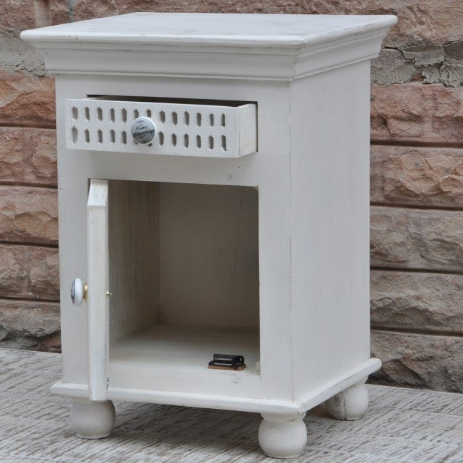 Hand Carved Wooden Bedside Table - Natural White Nightstand with Drawer for Bedroom Decor | Rustic Night Stand for Small Spaces & Modern Home Furniture