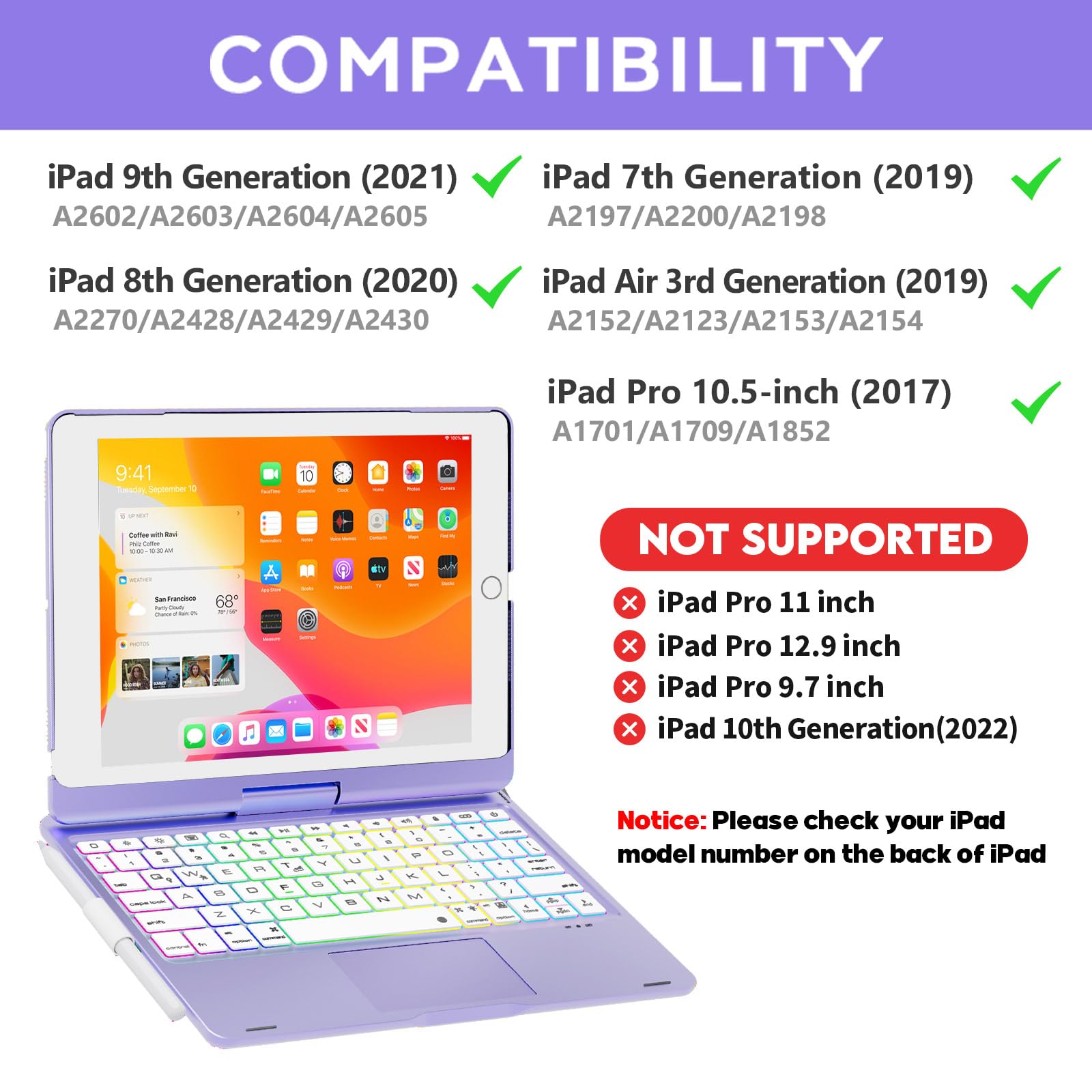 NOKBABO iPad 9th/8th/7th Generation Case with Bluetooth Keyboard - 360° Rotatable Stand, 7-Color Backlit Touchpad & Apple Pencil Holder | Compatible with iPad 10.2 inch & iPad Air 3rd Gen/iPad Pro 10.5 inch | Metallic Purple | Perfect for Work, Study & Entertainment
