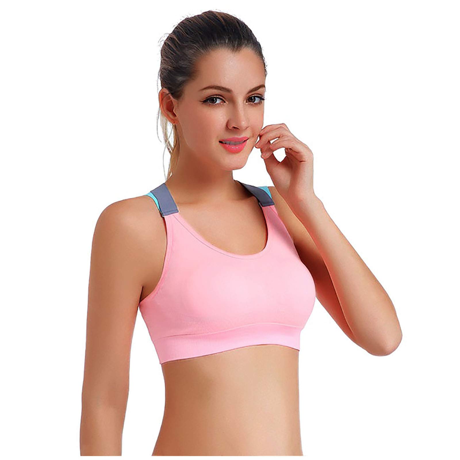 Women's Seamless Yoga Vest - Stretchy Workout Bra with Padded Support - Fitness Tank Top for Yoga, Gym & Running - Teal & Pink - Size L