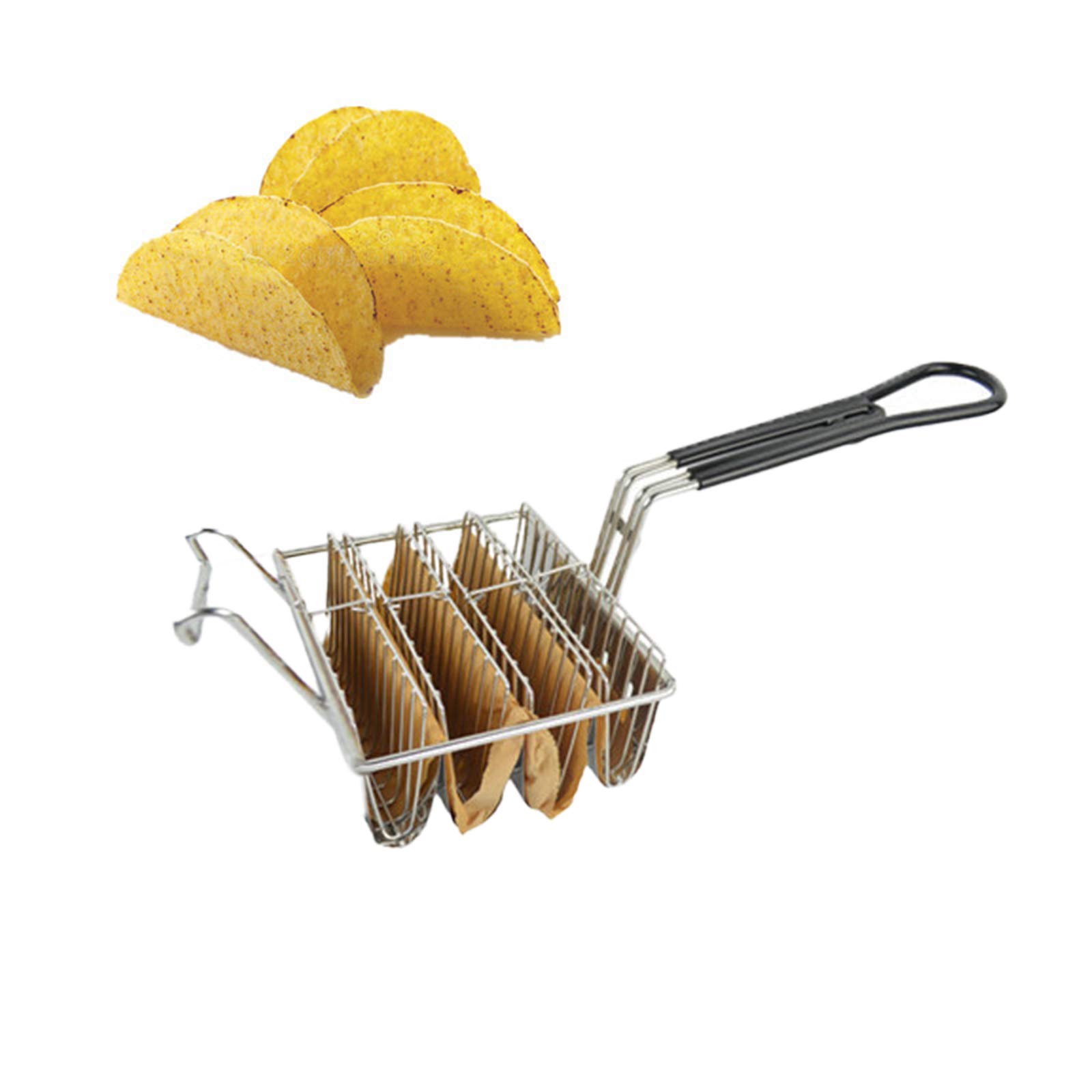 FAMKIT 4-Shell Taco Fryer Basket - Stainless Steel Taco Shell Deep Fryer Holder with Non-Slip Grip Handle for Perfectly Crispy Tacos - Ideal for Home Kitchens, Mexican Restaurants & Party Cooking