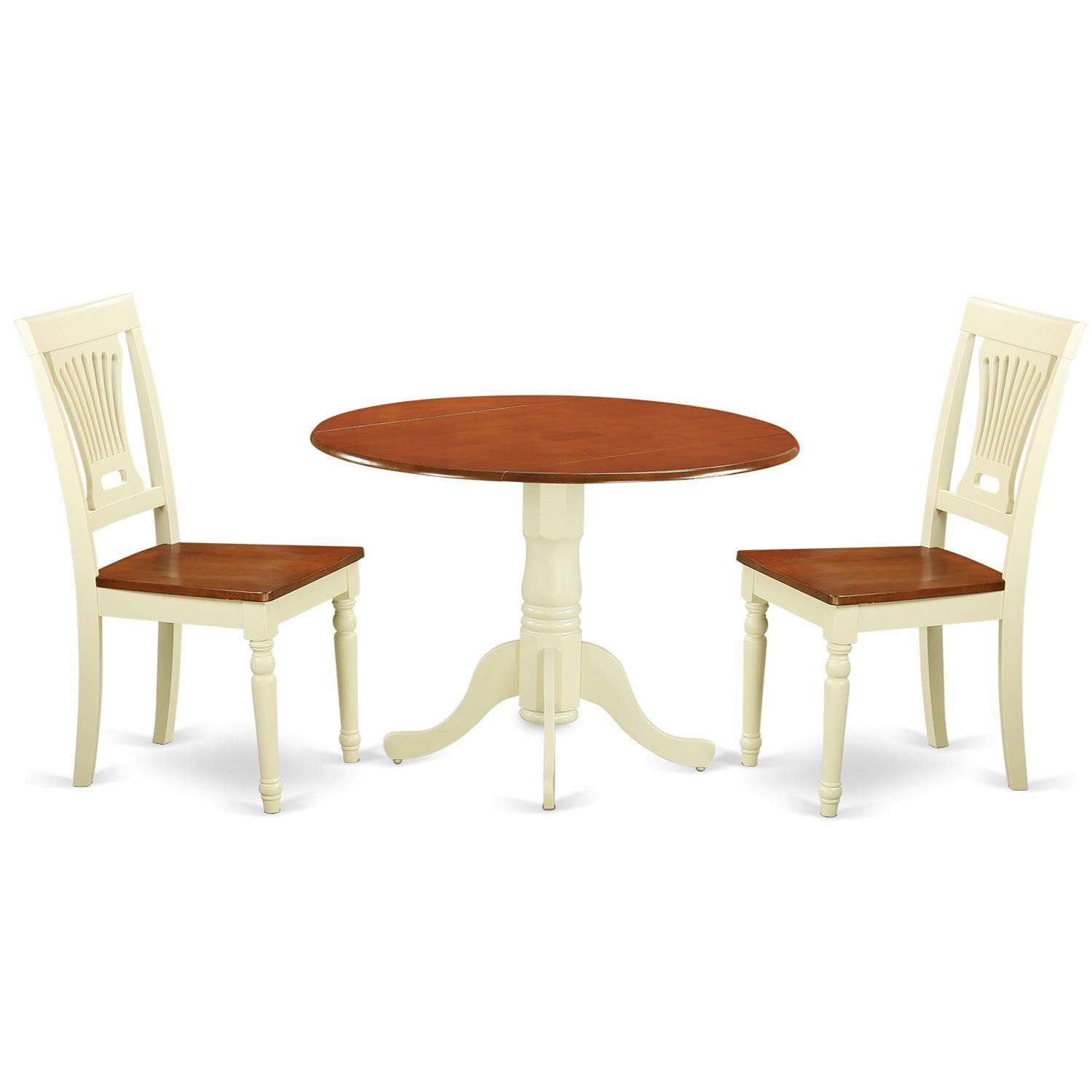 East West Furniture DLPL3-BMK-W 3-Piece Round Drop Leaf Kitchen Table Set with 2 Chairs - Space-Saving Dining Solution for Small Spaces, 42x42 Inch, Buttermilk & Cherry Finish - Perfect for Apartments, Breakfast Nooks & Cozy Kitchens
