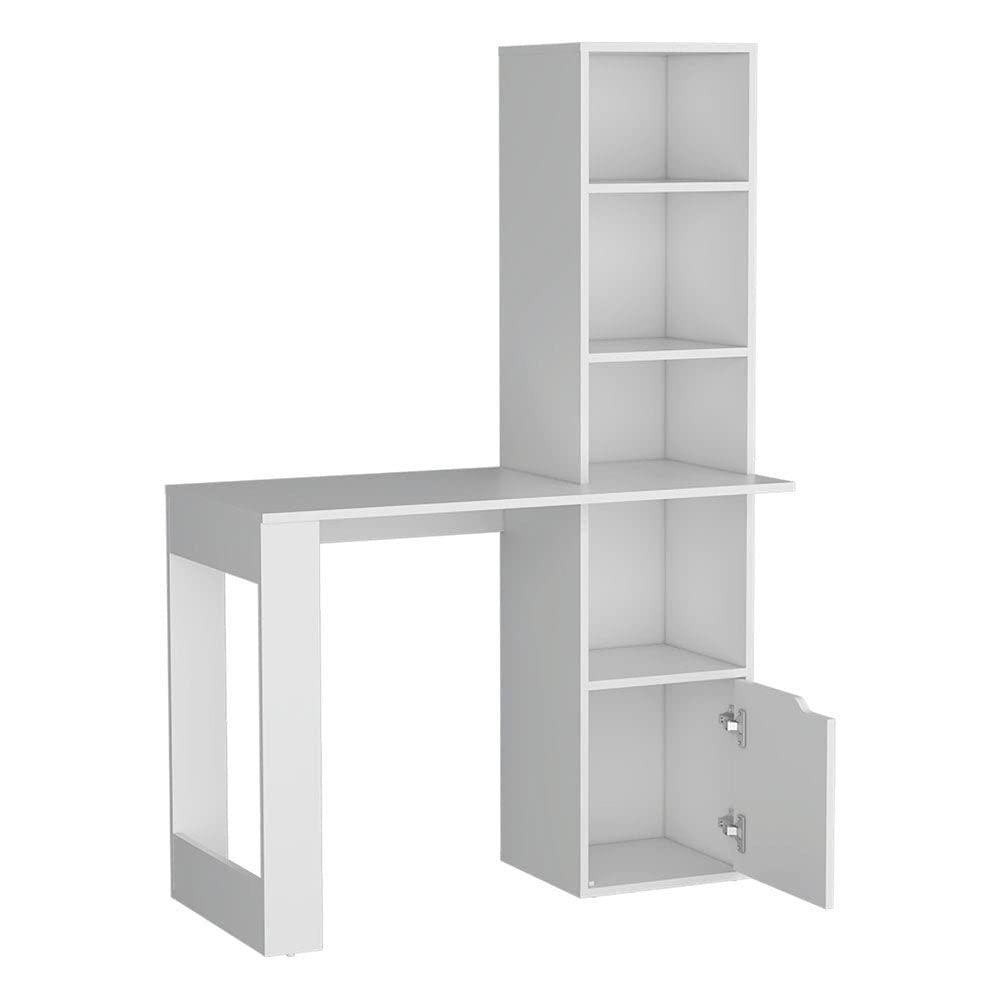 Aragon White Office Desk with 4-Tier Bookcase & Lower Cabinet - Modern Home Office Furniture for Small Spaces, Work from Home & Study Room Organization
