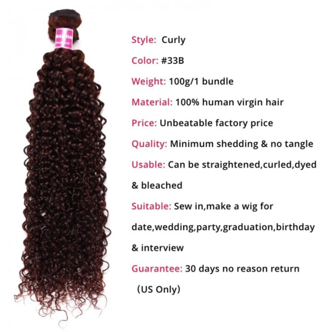 Brazilian Virgin Remy Human Hair Weave Bundles #33B Reddish Brown Jerry Curly 8 Inch - 100% Human Hair Extensions for Women Sew In | Perfect for Daily Styling, Special Occasions & Volume Boosting