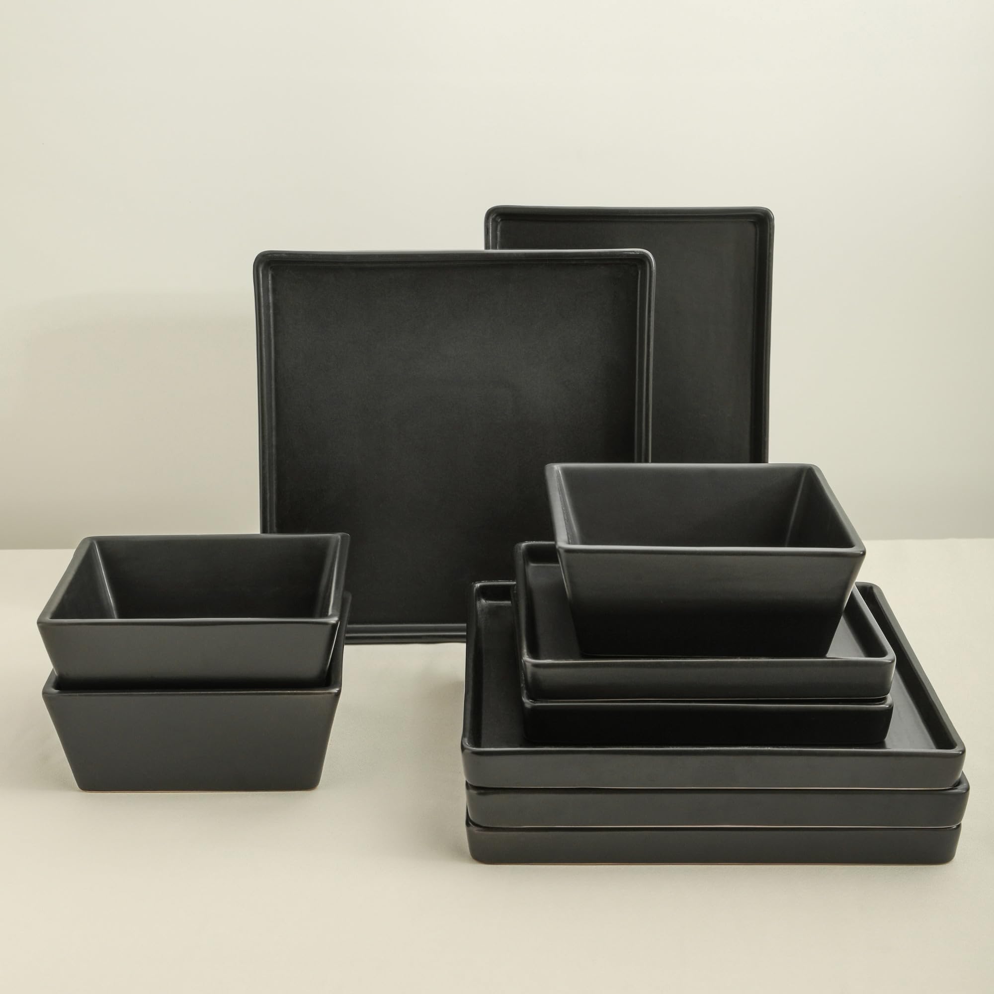 Premium 12-Piece Stoneware Dinnerware Set for 4 - Black Square Plates & Bowls - Durable Stone Lain Grace Collection - Perfect for Family Dinners, Entertaining Guests & Restaurant-Style Dining