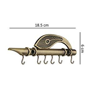 Antique Brass Key Holder Stand - Lord Krishna Flute & Peacock Quills Design - Wall Mounted Key Organizer for Home, Office, Entryway - Perfect for Foyer, Mudroom, and Gift Giving