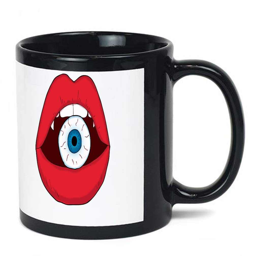 Red Lips & Eyeball Art Design 11oz Black Ceramic Coffee Mug - Trendy Accessories for Coffee, Tea, and Office Use