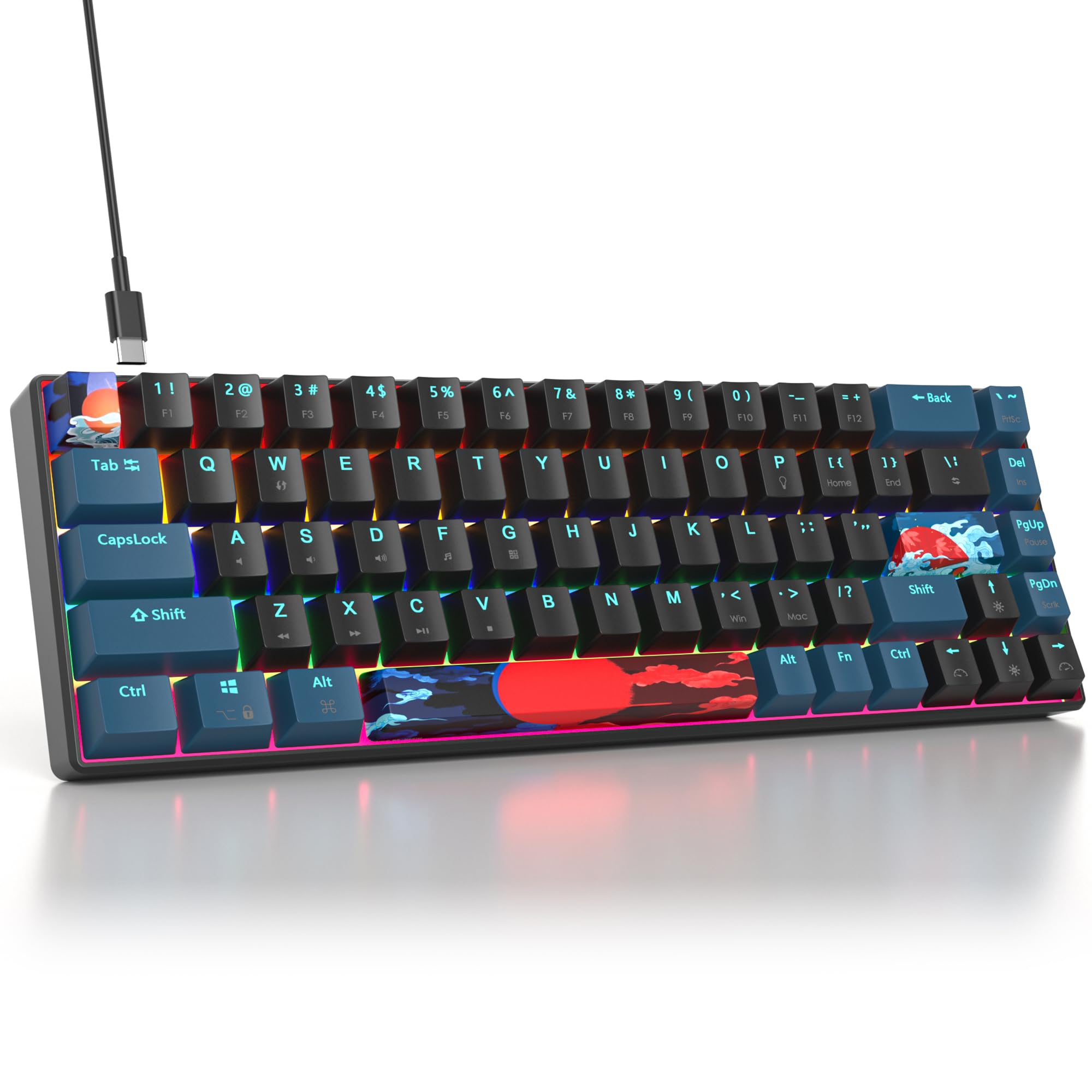 65% Mechanical Gaming Keyboard with Linear Red Switches - Compact Wired 60% Keyboard with RGB Backlit for PC, Laptop Gamers | Perfect for FPS, MOBA & Typing | Surmen 68-Key Mini Keyboard (Monster B-Rainbow Edition)