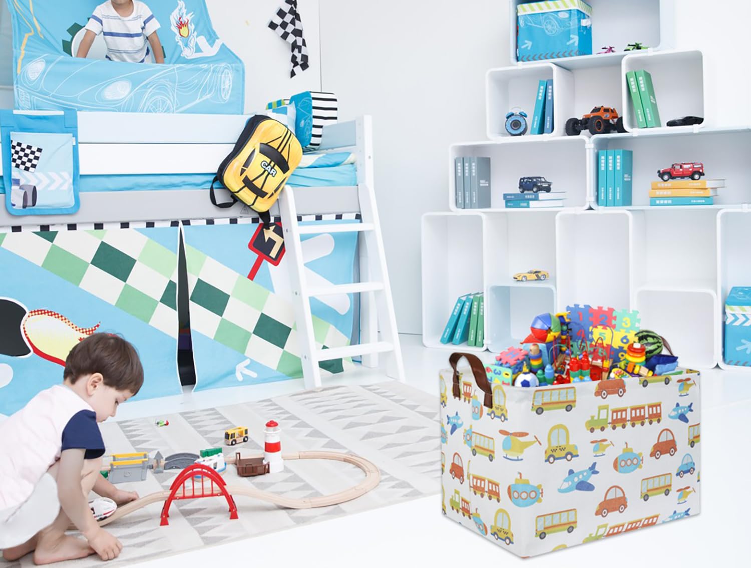 HIYAGON Kids Toy Storage Basket - Cute Car-Themed Organizer Bin for Baby Boys & Girls, Empty Rectangular Box for Room Decor, Bookshelf & Toy Organization - Perfect for Nursery, Playroom & Gift Giving
