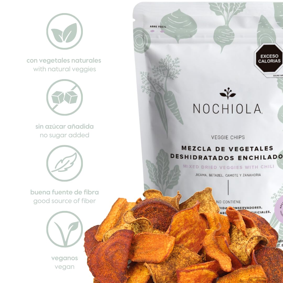 Nochiola Spicy Veggie Chips - Vegan, Gluten-Free, Healthy Snacks with Jicama, Beets, Sweet Potatoes & Carrots (240g/8.46oz) | Crunchy Plant-Based Chips for Parties, Road Trips & Keto Diet