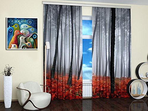 Woodland Curtains Set of 2 - Misty Forest Print Blackout Drapes with Rod Pocket, 84 Inch Length in Gray & Red | Perfect for Bedroom, Living Room, Kitchen & Dining Room Window Treatments | Nature-Inspired Home Decor for Cozy Cabin, Rustic or Modern Interior Design