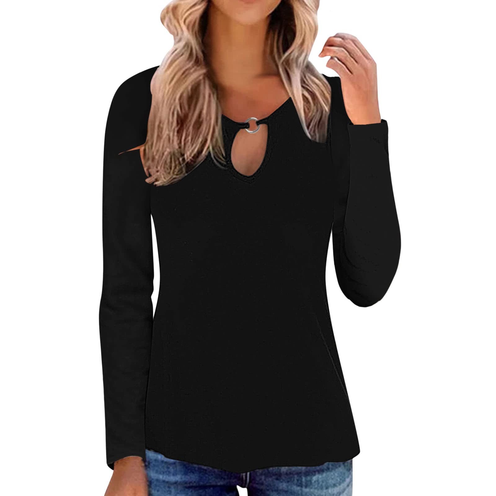 Women's Casual Solid Color Hollow Out Long Sleeve T-Shirt - Crew Neck Blouse Top with Wool Blend for Fall & Winter Layering | Perfect for Office Wear, Date Nights and Everyday Comfort
