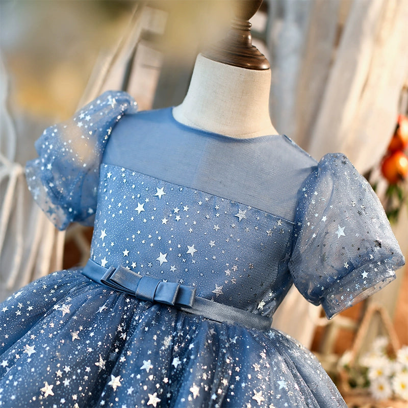 Royal Blue Organza Flower Girl Dress for Weddings - Tea Length Princess Round Neckline - Perfect for Bridal Parties, Pageants & Special Occasions