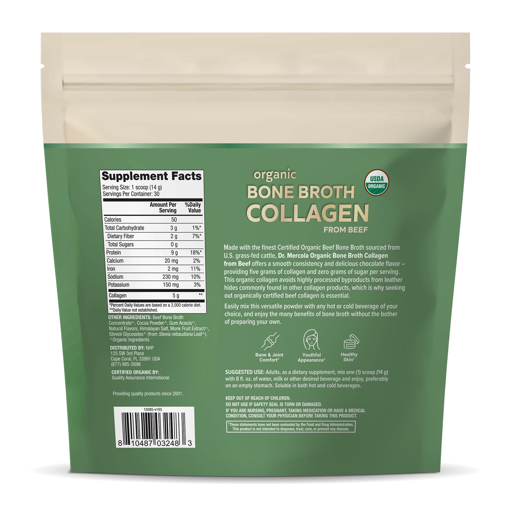Dr. Mercola Organic Bone Broth Collagen Powder - Chocolate Flavor, 30 Servings (30 Scoops) | USDA Organic, Non-GMO Dietary Supplement for Bone & Joint Support | Perfect for Smoothies, Coffee & Post-Workout Recovery