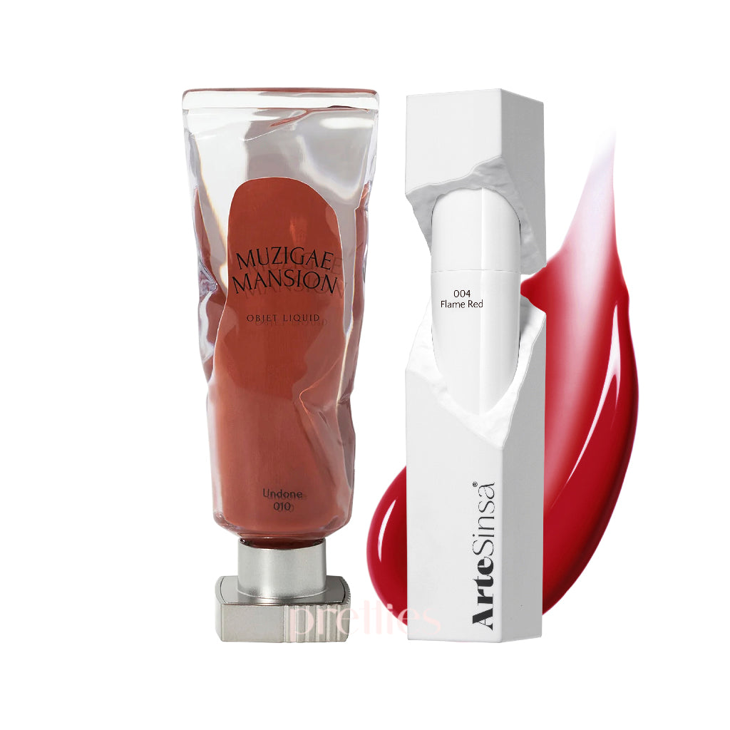 MUZIGAE MANSION Objet Liquid 010 + ArteSinsa Dewy Fit Tint (#004 Flame Red) Makeup Set - Long Lasting Liquid Lipstick & Gloss Duo for Party, Date Night & Special Occasions
