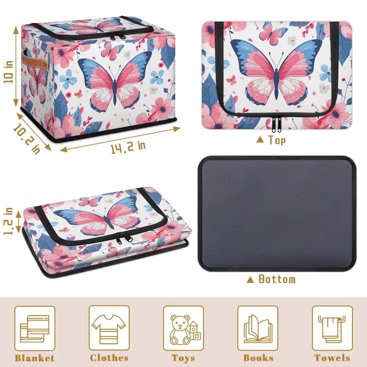 2-Pack Stackable Storage Bins with Zipper Lid & Metal Frame - Butterfly Flower Design Closet Organizer Cubes with PU Handles | Perfect for Clothes, Toys, and Home Organization