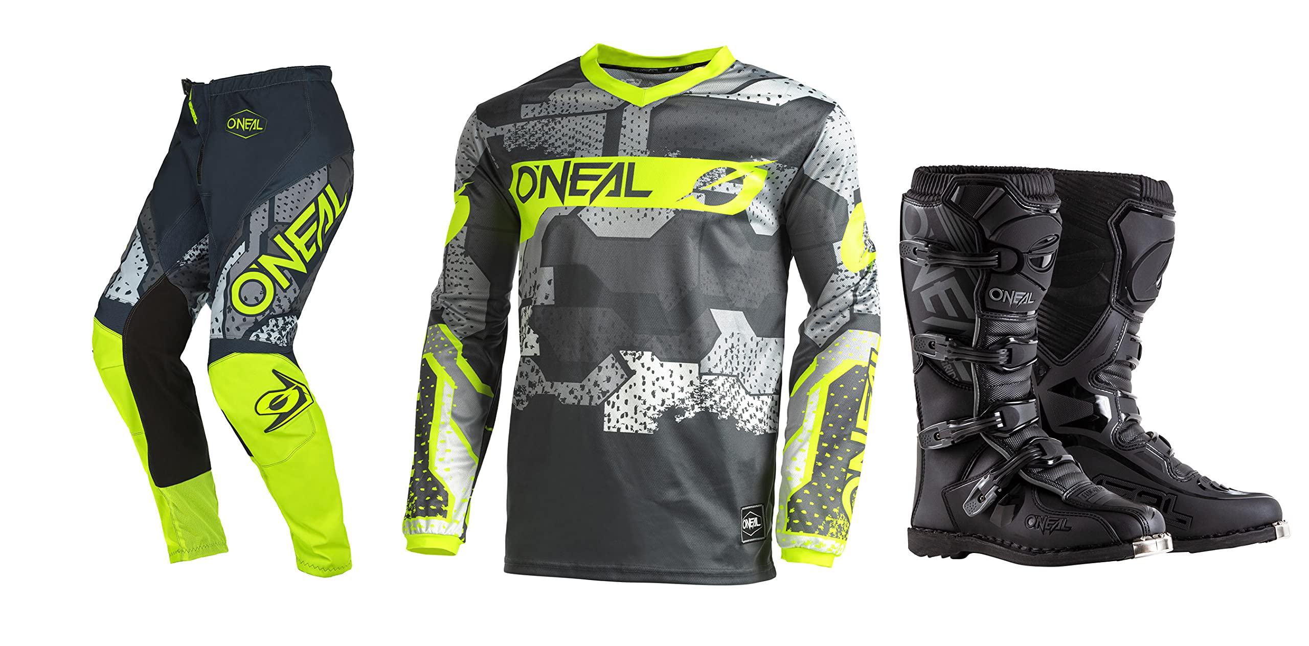 Oneal Element Camo Grey/Yellow Jersey Pant Boots Combo - Dirt Bike Motocross Gear Set for Off-Road Racing & Trail Riding