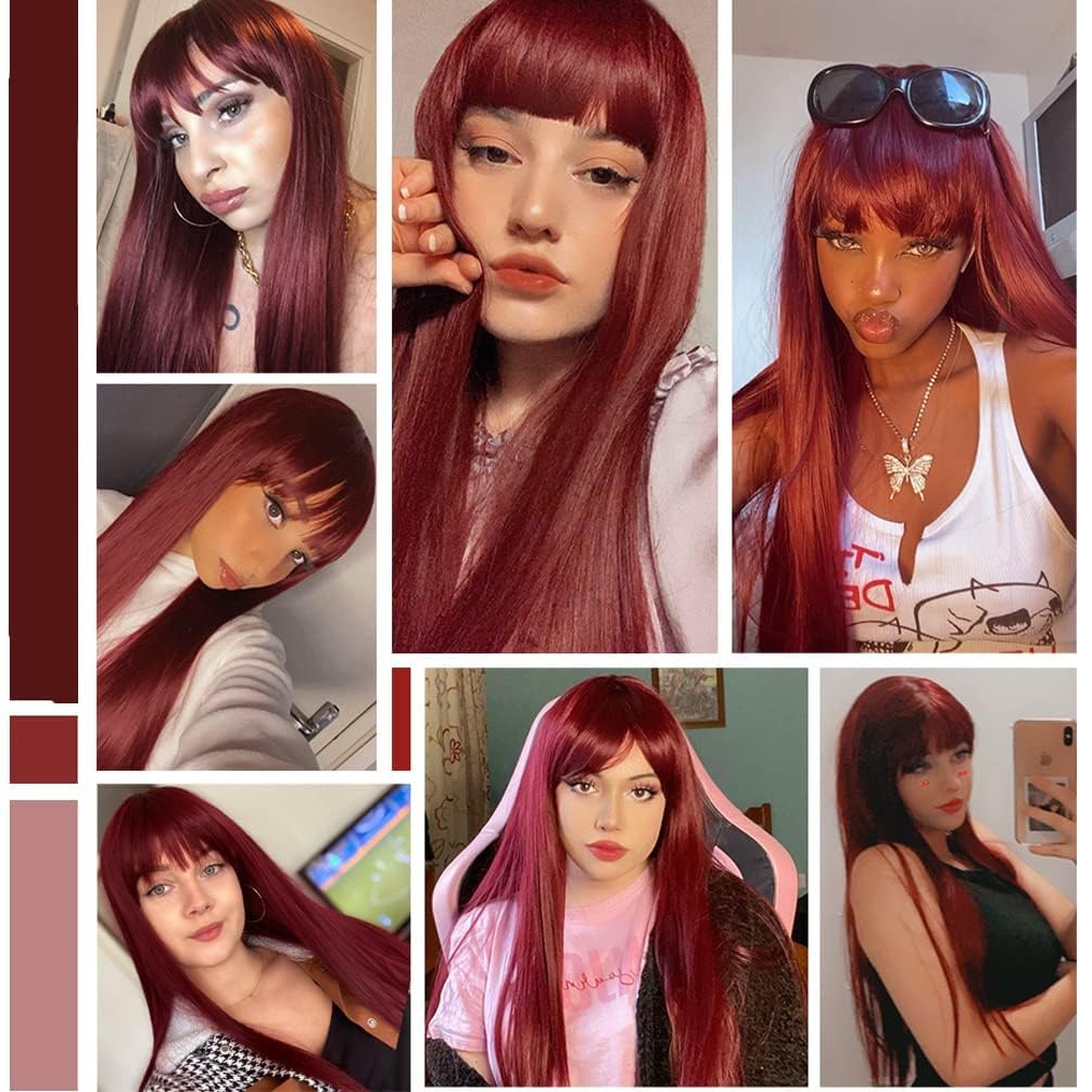 RightOn Long Straight Red Wig with Bangs - Wine Red Full Machine-Made Synthetic Wig for Cosplay, Halloween, Parties & Daily Wear | Heat Resistant & Natural Look