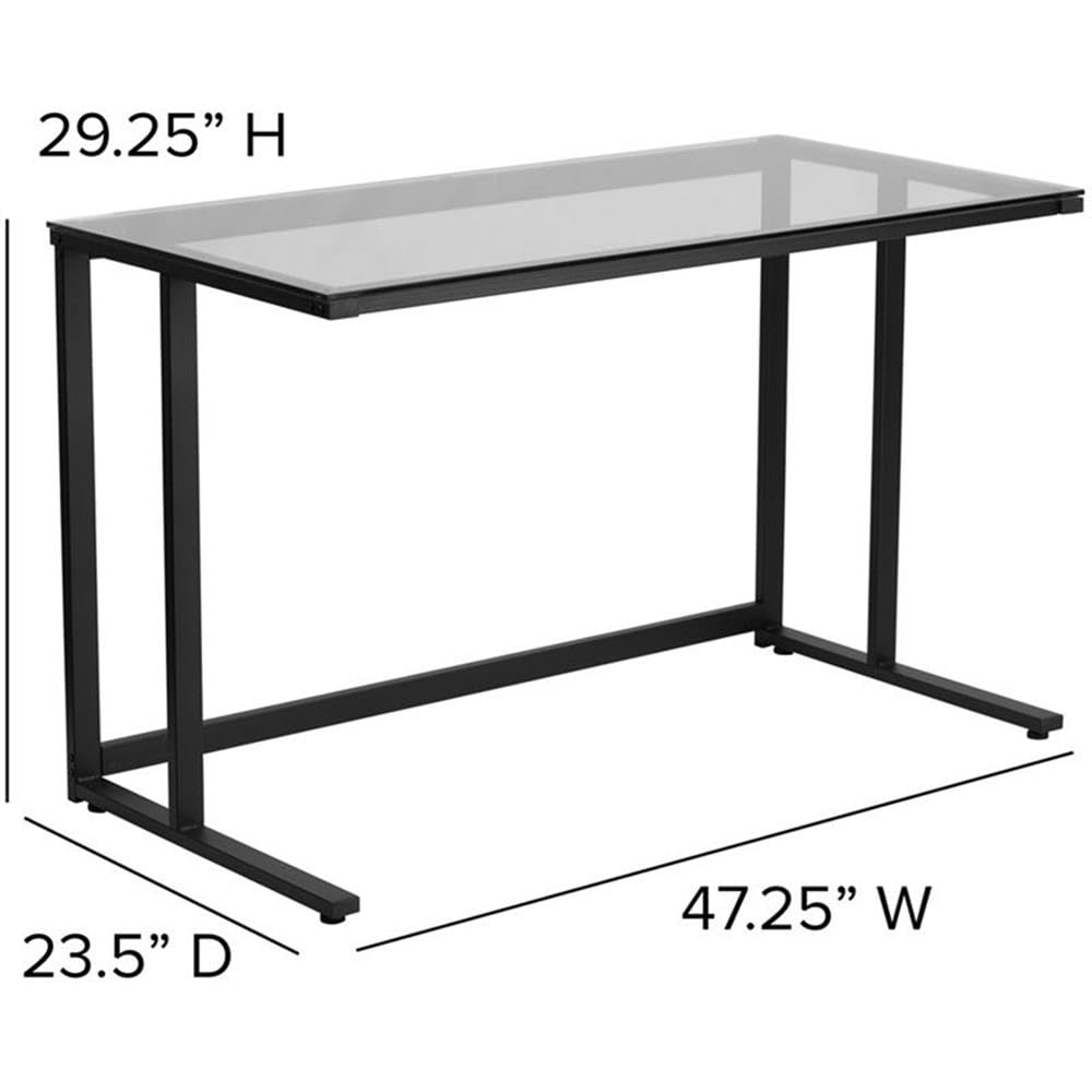 Flash Furniture Singleton Glass Desk with Black Pedestal Metal Frame - Modern Office Desk for Home & Workspace - Perfect for Small Spaces, Study Rooms & Home Offices