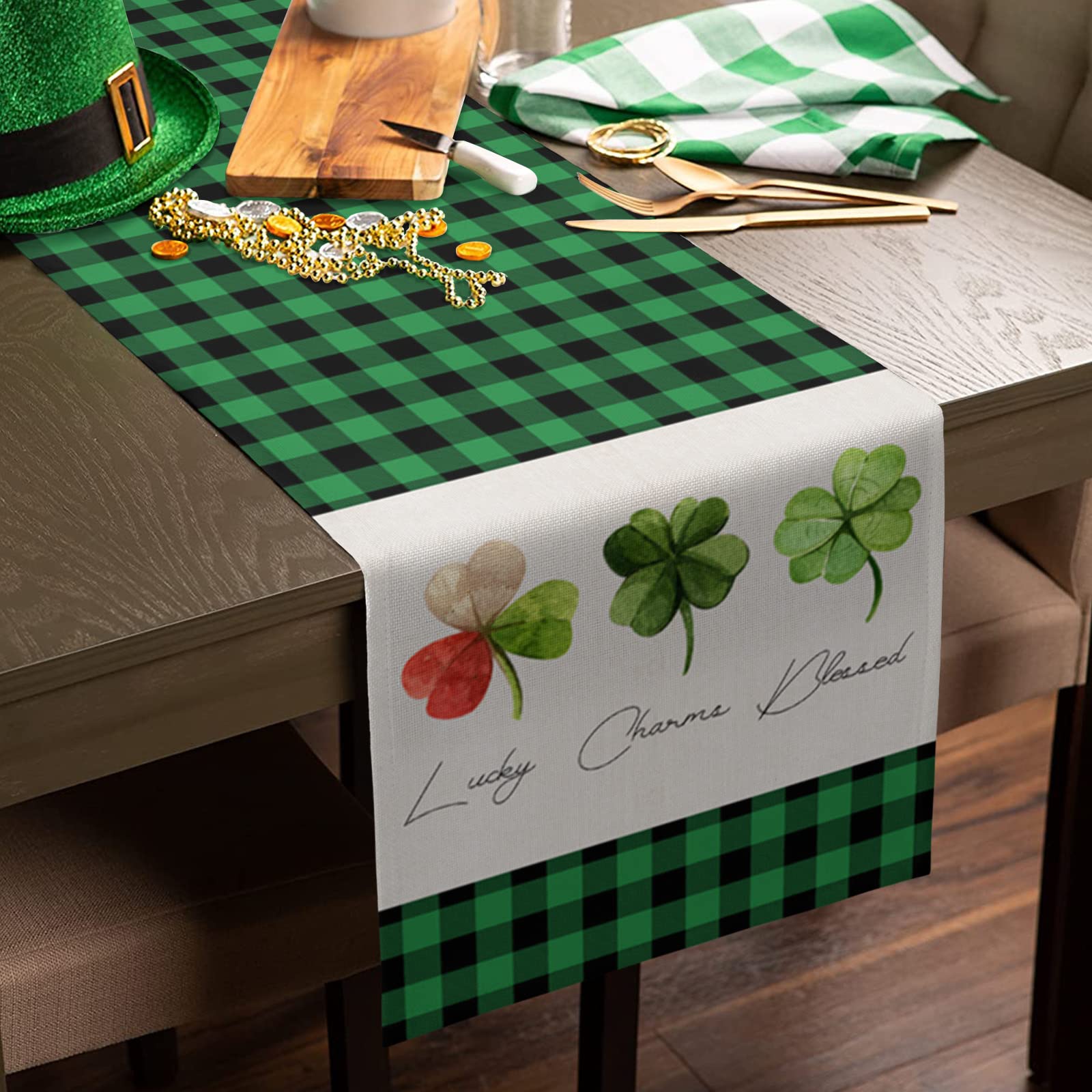 Irish Clover Table Runners 13x70 Inches - St. Patrick's Day Green Lattice Table Linens for Round, Kitchen, Coffee & Dining Tables - Washable & Durable for Home Decor, Parties & Holiday Celebrations