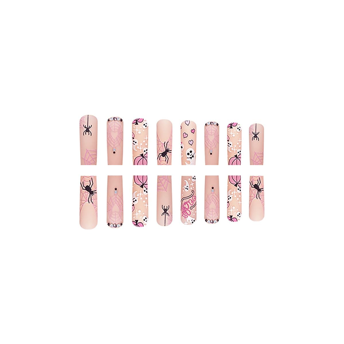 Halloween Press on Nails - 24PCS Long Square Fake Nails with Pumpkin, Coffin, Heart & Spider Web Designs | Glue on Nails with Rhinestones for Women | Perfect for Halloween Parties, Costume Events & DIY Nail Art
