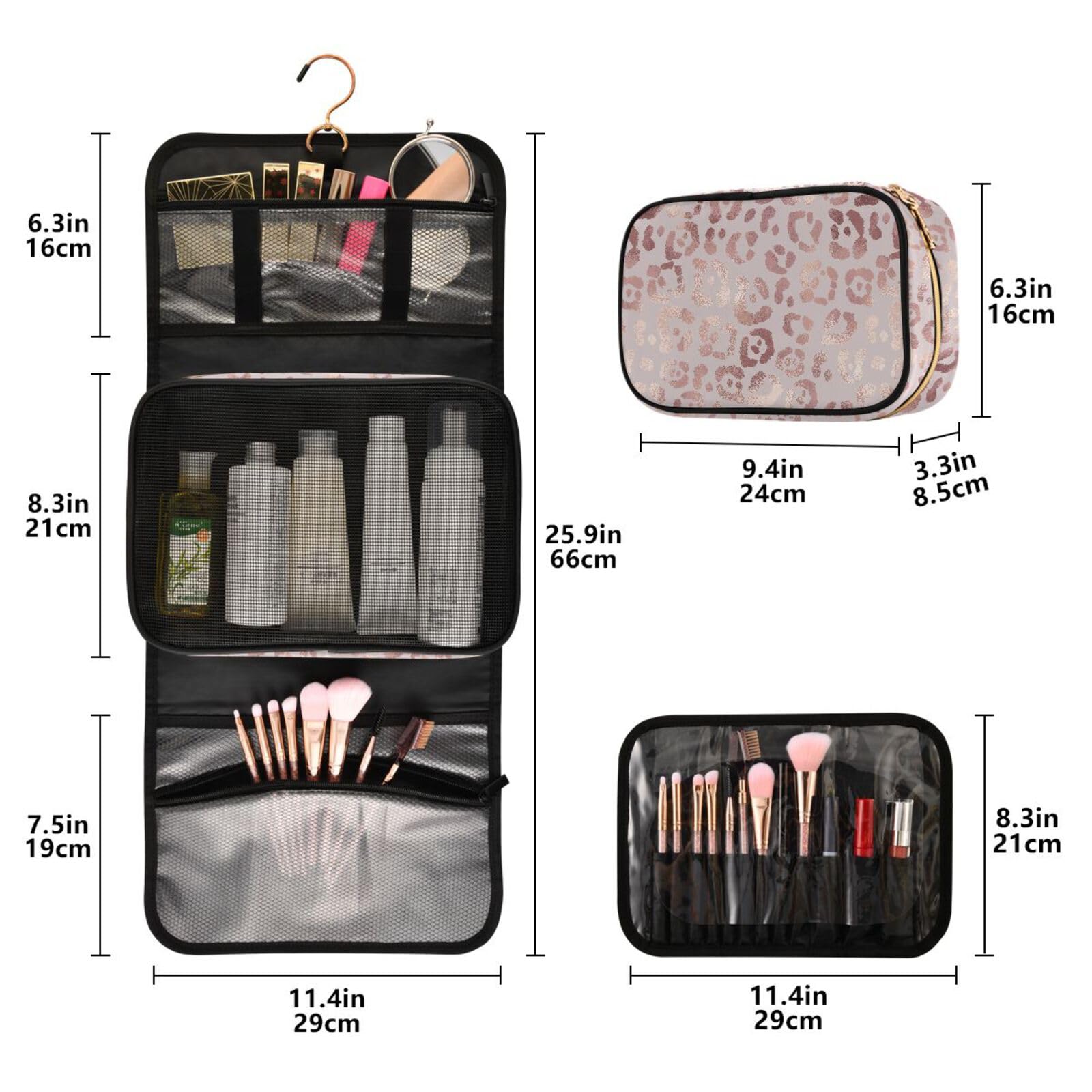 Elegant Rose Gold Leopard Print Hanging Toiletry Bag Set - 3 PCS Travel Makeup Organizer with Clear Compartments | Portable Cosmetic Storage for Women | Perfect for Vacation, Gym, Camping & Business Trips