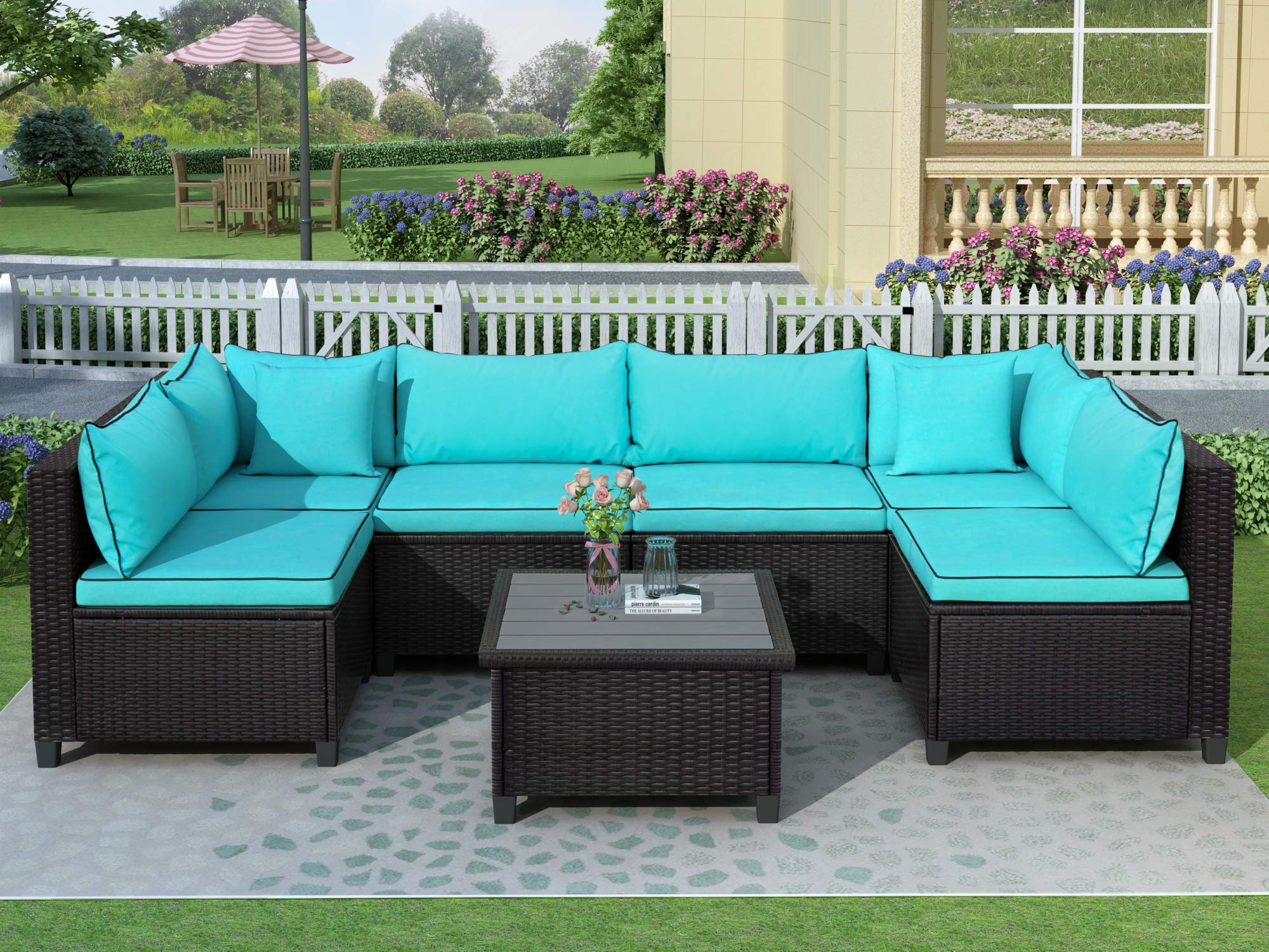Premium U-Shape Sectional Outdoor Furniture Set - Durable Rattan Wicker Patio Sofa with Weather-Resistant Cushions & Accent Pillows - Perfect for Backyard, Garden, Poolside or Terrace Relaxation (Blue)