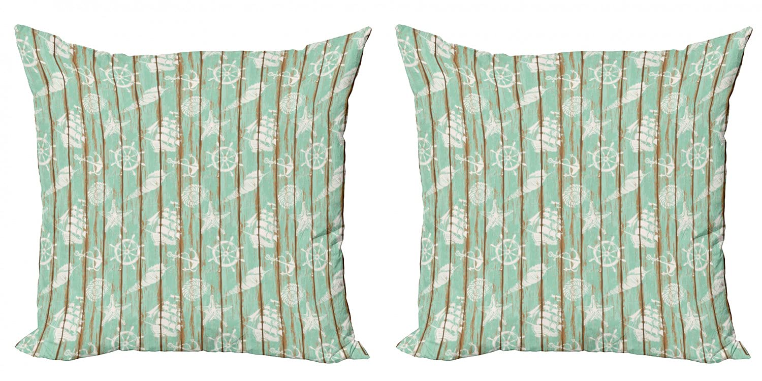 Ambesonne Nautical Decorative Throw Pillow Covers Set of 2 - 18 Inch Vintage Ship Wheel Anchor Sailboat Design Cushion Covers for Sofa, Bed, Living Room - Mint Green Home Decor for Coastal & Beach House Style