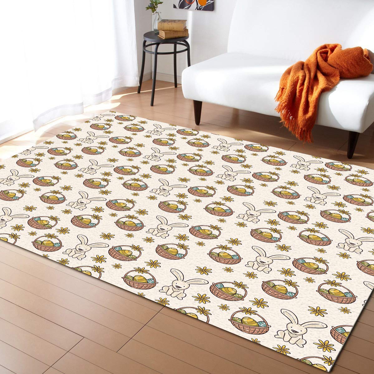 Savannan Non-Slip Rectangle Indoor Area Rug - Easter Bunny with Egg Basket Design for Living Room, Bedroom, Office, Nursery (4'x6') | Soft Accent Rug for Kids Room & Home Decor