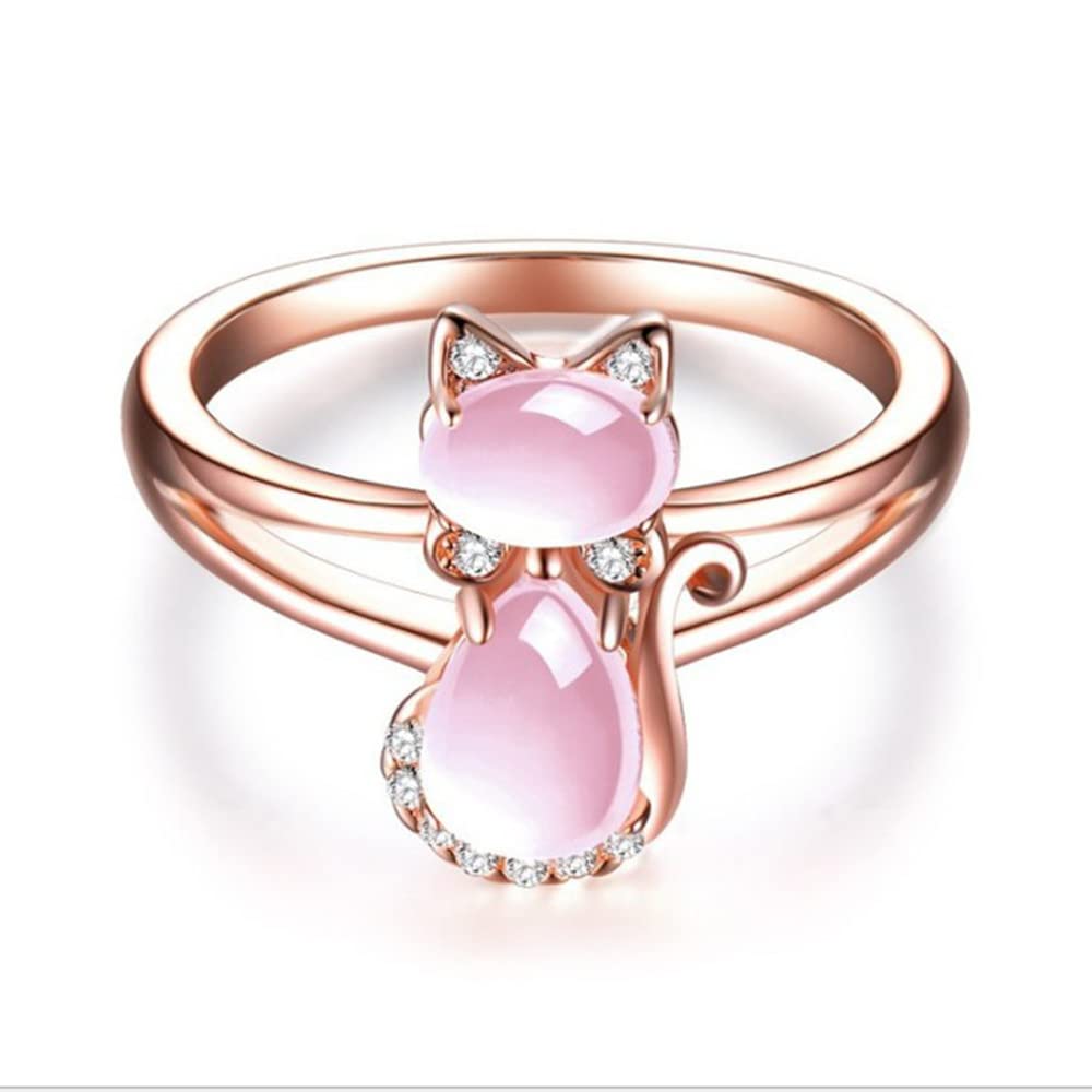 Rose Gold Powder Crystal Cat Ring with Hibiscus Stone & Diamond Inlay - Elegant Hand Jewelry for Women, Girls & Teens | Perfect Gift for Birthdays, Anniversaries & Special Occasions