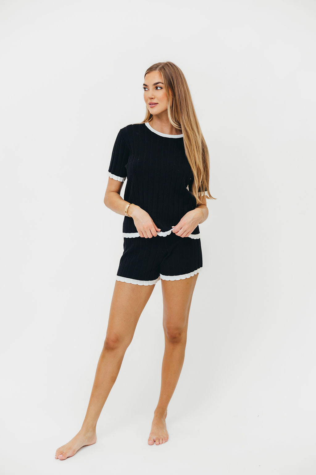 Renzo Black and White Contrast Sweater Short Sleeve Top & Shorts Set - Casual Summer Outfit for Women | Perfect for Beach, Vacation, and Streetwear Fashion