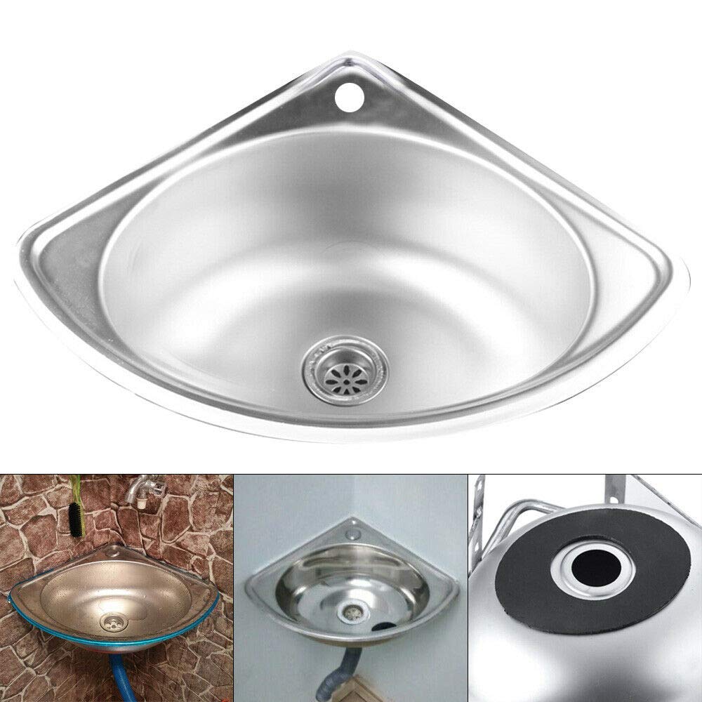 Stainless Steel Triangle Corner Bathroom Sink - Wall Mounted Single Bowl Vanity Vessel Sink with Strainer & Drain Pipe - Brushed Finish for Small Bathrooms & Powder Rooms