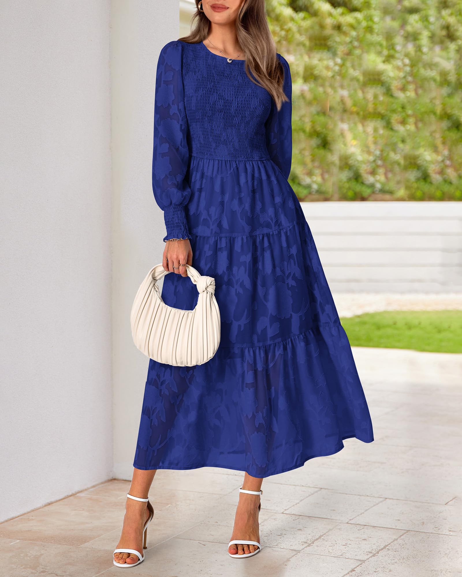 BTFBM Women's Elegant Floral Midi Dress - Long Sleeve Bohemian Wedding Guest Dress for Spring 2025 | Perfect for Garden Parties, Bridal Showers & Formal Events