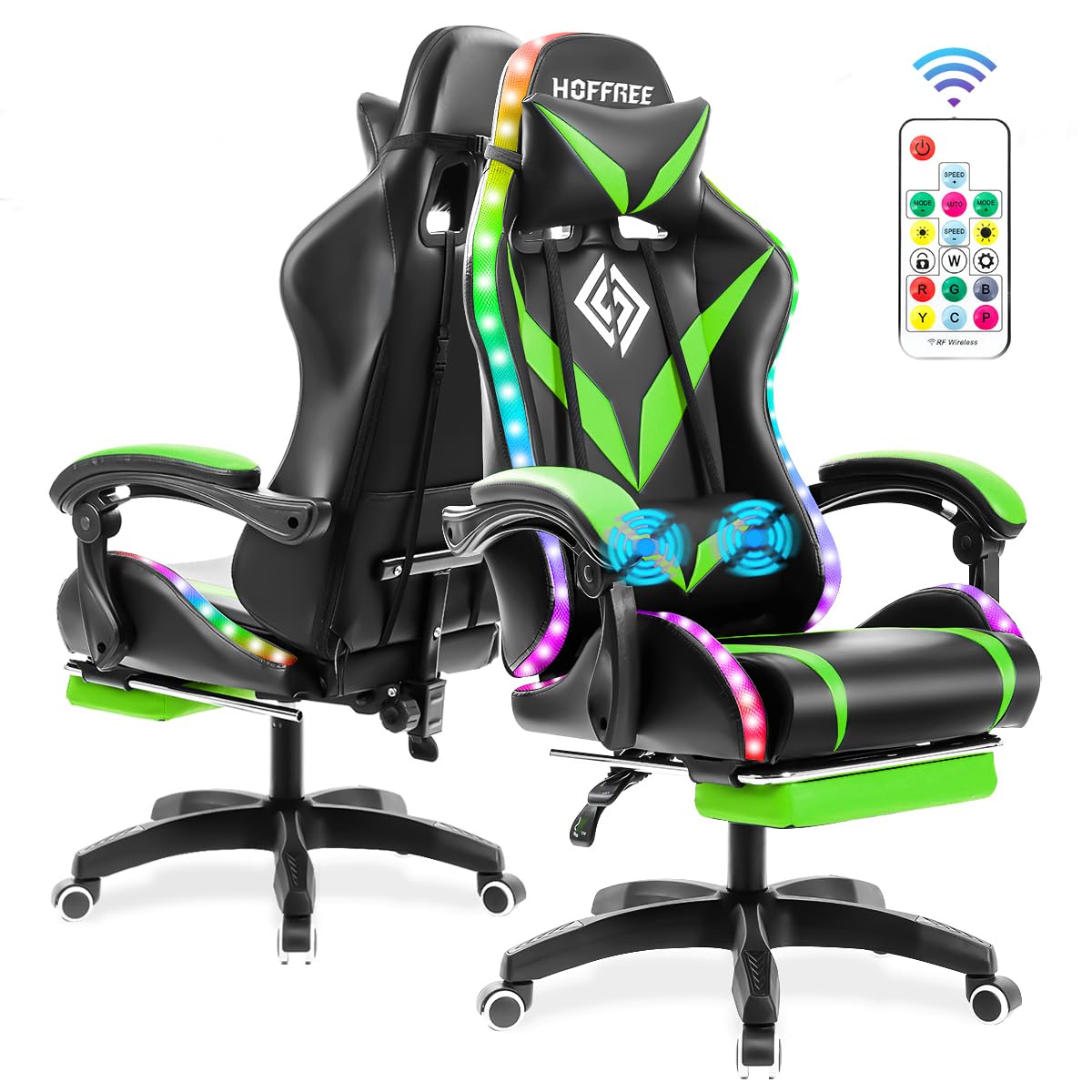 HOFREE Ergonomic Gaming Chair with Massage & LED Lights - High Back Reclining Computer Chair with Adjustable Lumbar Support & Footrest - Green & Black - Perfect for Esports, Streaming & Home Office Setup