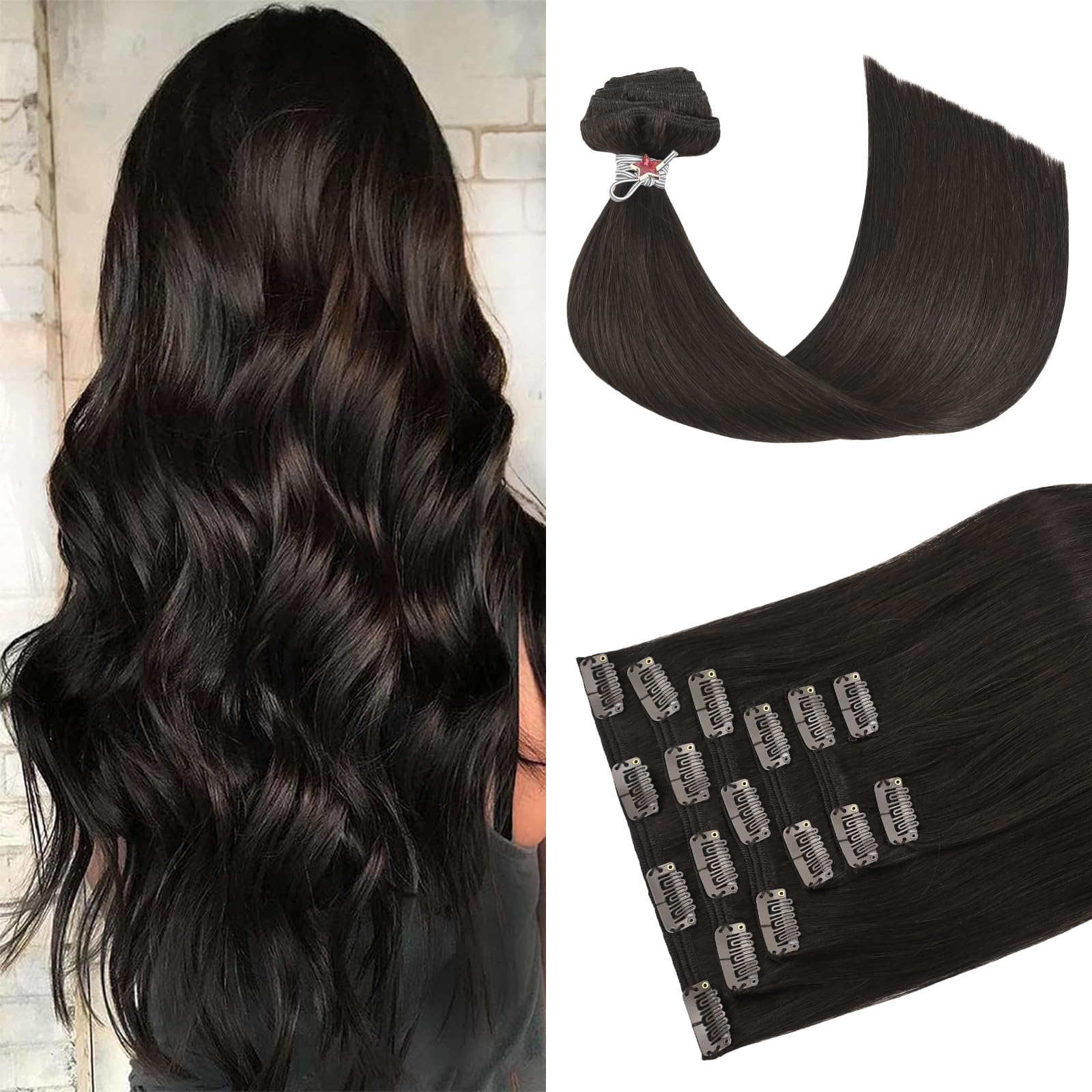 HUAYI 16 Inch Dark Brown Clip-In Hair Extensions for Women - 7pcs Set 120g Real Human Hair | Seamless, Natural Look & Easy to Style | Perfect for Daily Wear, Parties & Special Occasions