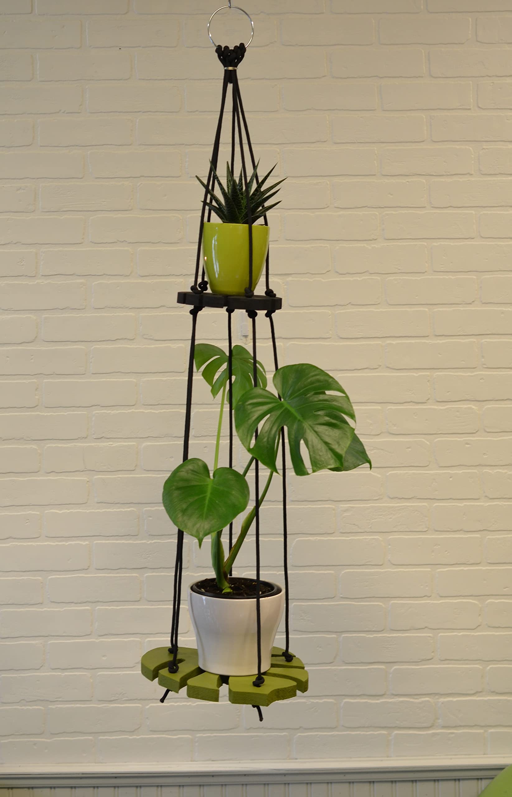 Monstera Leaf Wall Mount with Hanging Plant Shelf - Painted Green & Pink Rope - Perfect for Boho Home Decor, Living Room, Bedroom, or Office Plant Display