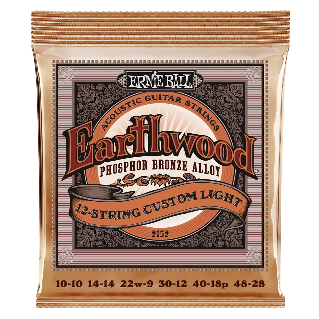 Ernie Ball Earthwood 12-String Custom Light Phosphor Bronze Acoustic Guitar Strings, 10-48 Gauge (P02152) - Premium Sound for Folk, Rock & Live Performances