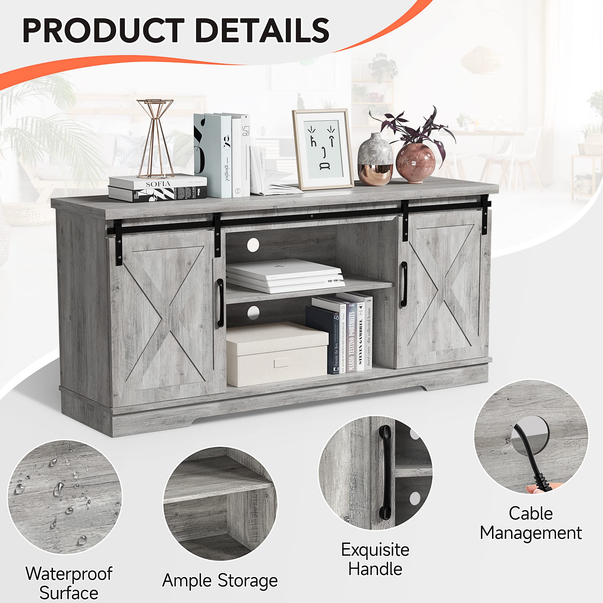 Farmhouse TV Stand for 65 55 Inch TV - Modern Wooden Entertainment Center with Sliding X Barn Door & Storage - 58 Inch Rustic Gray TV Console - Perfect for Living Room, Bedroom & Home Theater Setup