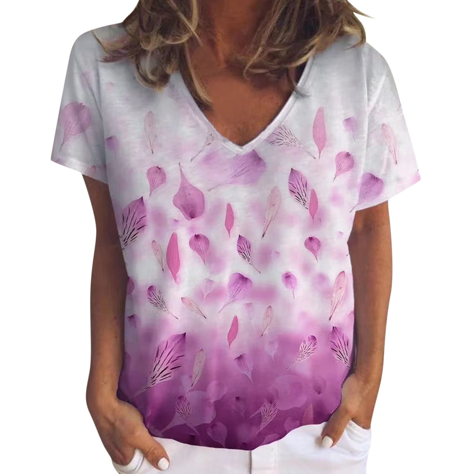 Women's V-Neck Leaf Print T-Shirt - Casual Office Wear & Summer Outfits
