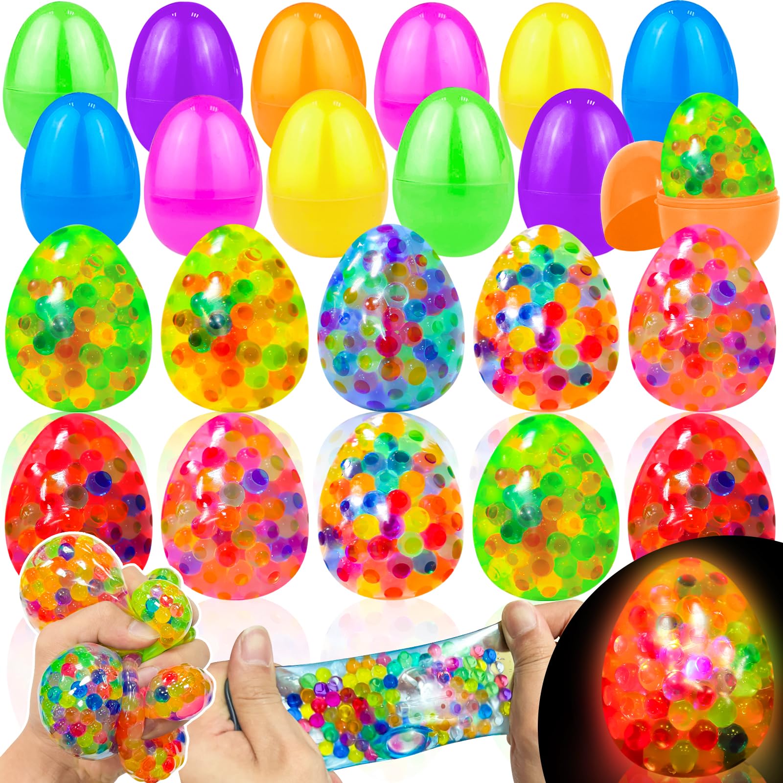 AMENON 12-Pack Light Up Easter Egg Fidget Stress Balls - Squishy Sensory Toys for Kids & Adults - Easter Basket Stuffers, Egg Hunt Party Favors & Stress Relief Gifts (Perfect for Classroom Rewards, Office Desk Toys & Anxiety Relief)