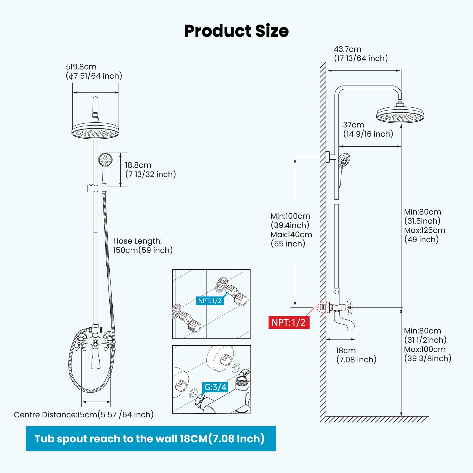 Gotonovo 8 Inch Round Rain Shower Head with Double Cross Handle & Tub Spout - 3 Function ABS Handheld Sprayer, Wall Mount Bathroom Faucet in Polished Chrome - Perfect for Modern Bathrooms & Spa-Like Showers
