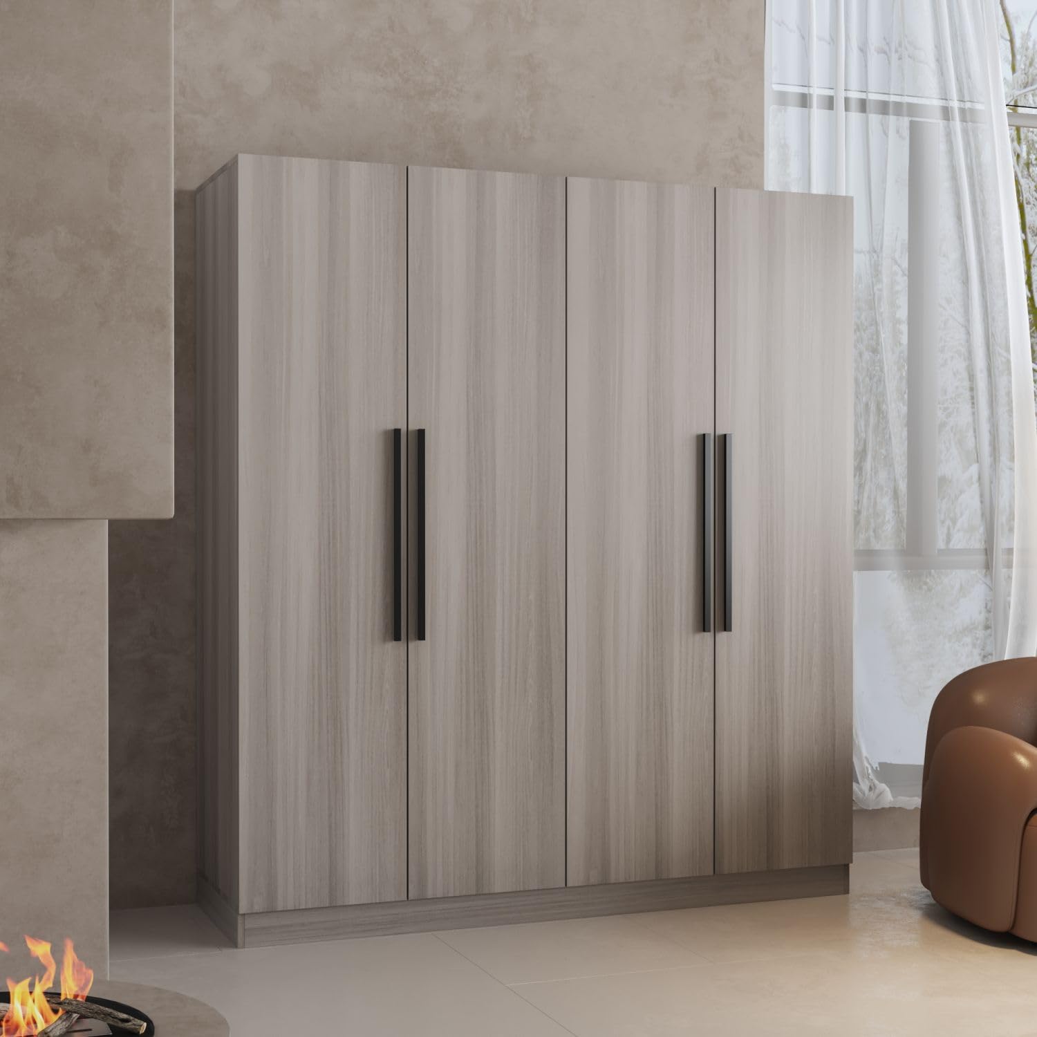 FAMAPY 4-Door Wooden Wardrobe Closet with Hanging Rod & Storage Shelves - Freestanding Armoire for Bedroom, 63
