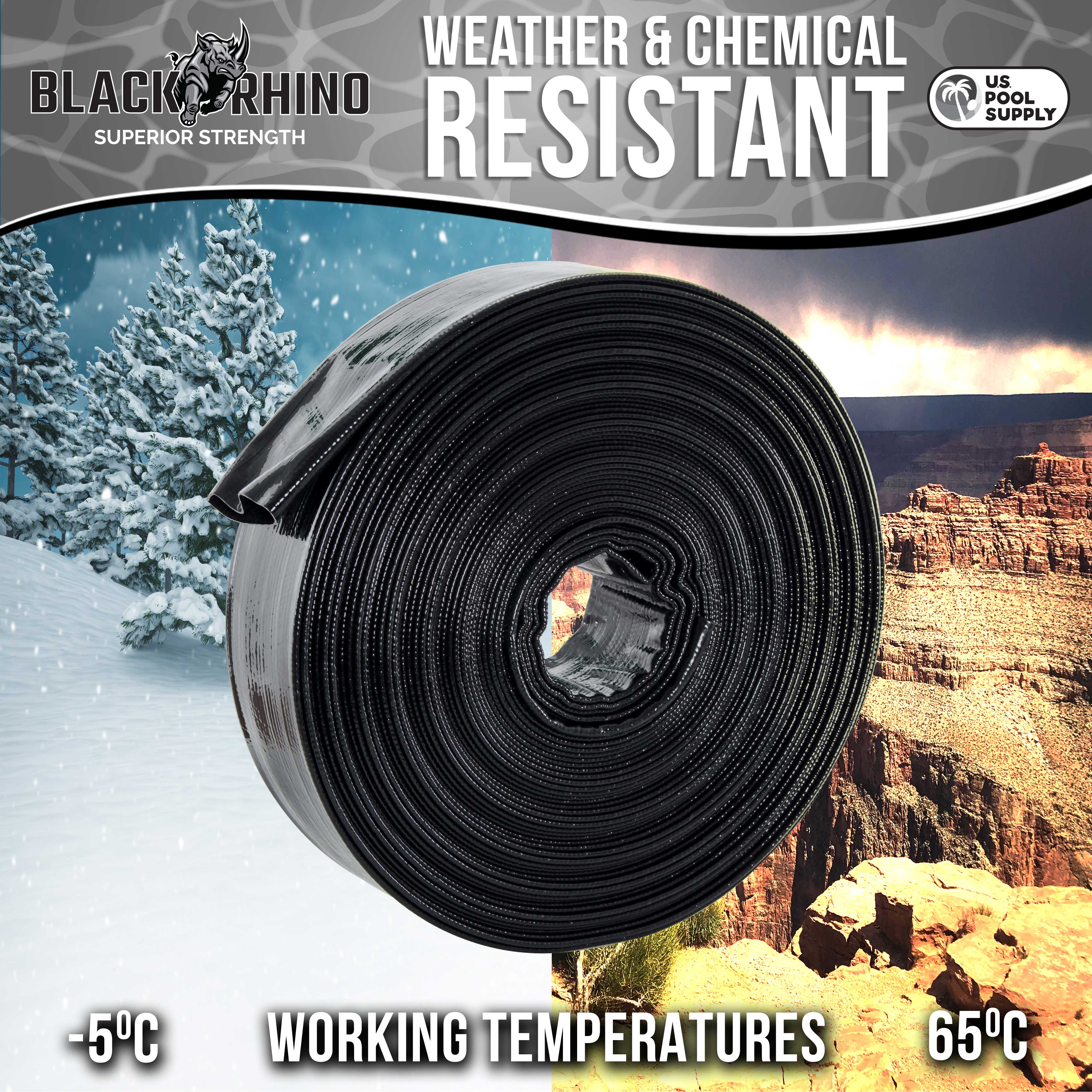 U.S. Pool Supply® Black Rhino 2-Pack 100' Heavy Duty Backwash Hose with Hose Clamps - 1.2mm Thick Weather-Resistant Pool Maintenance Hose for Inground & Above Ground Pools