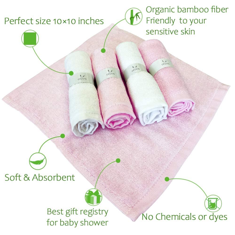 Elves Bamboo Viscose Baby Washcloths Set of 6 - Ultra Soft Face & Body Wash Towels for Newborns - Gentle Baby Girl Washcloths (White & Pink) - Perfect for Bath Time, Sensitive Skin Care & Nursery Essentials