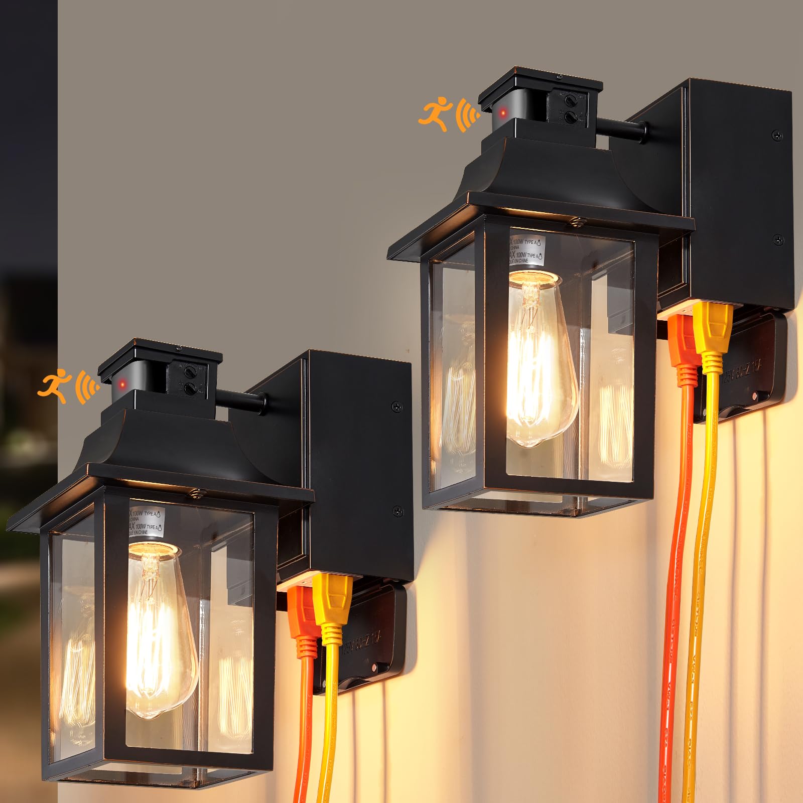 Dusk to Dawn Motion Sensor Outdoor Porch Lights with GFCI Outlet - 3 Light Modes, Waterproof Exterior Wall Sconces for House, Patio, Garage (2 Pack) - Perfect for Home Security & Nighttime Illumination
