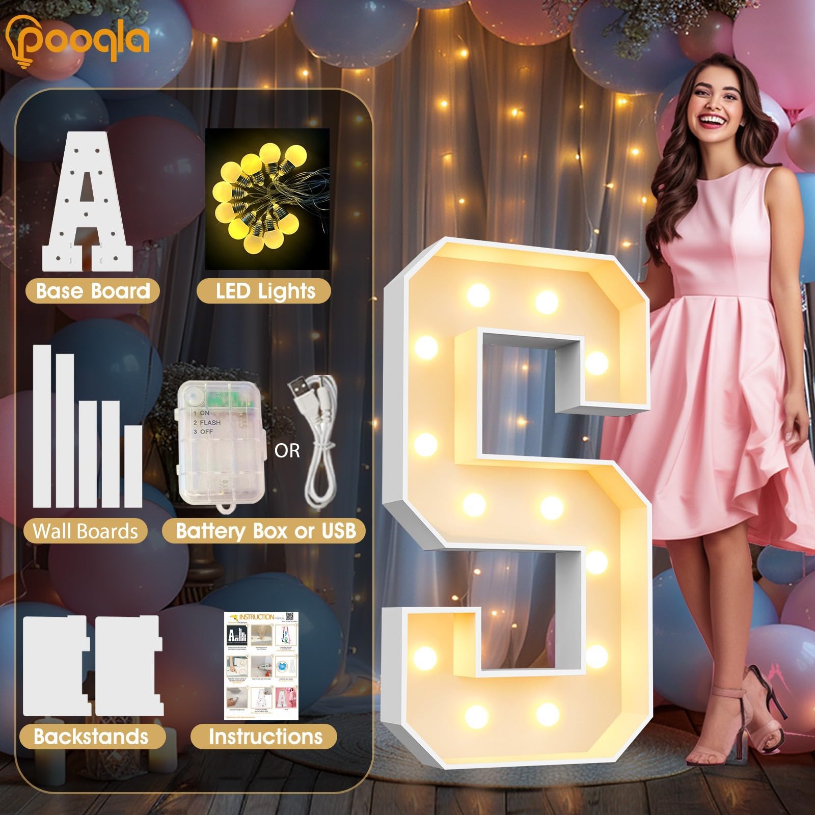 Pooqla 4 FT Marquee Light Up Letters - 4 Feet Tall Giant LED Letter Signs for Birthday, Wedding, Anniversary Decor - Warm White Mosaic Alphabet Lights for Party, Balloon Backdrop & Home Decoration