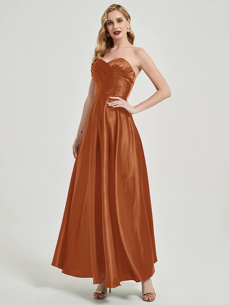 Elegant Cooper Satin Sweetheart Strapless Floor-Length Pleated Bridesmaid Dress for Weddings & Formal Events - Perfect for Bridal Party, Prom & Evening Occasions