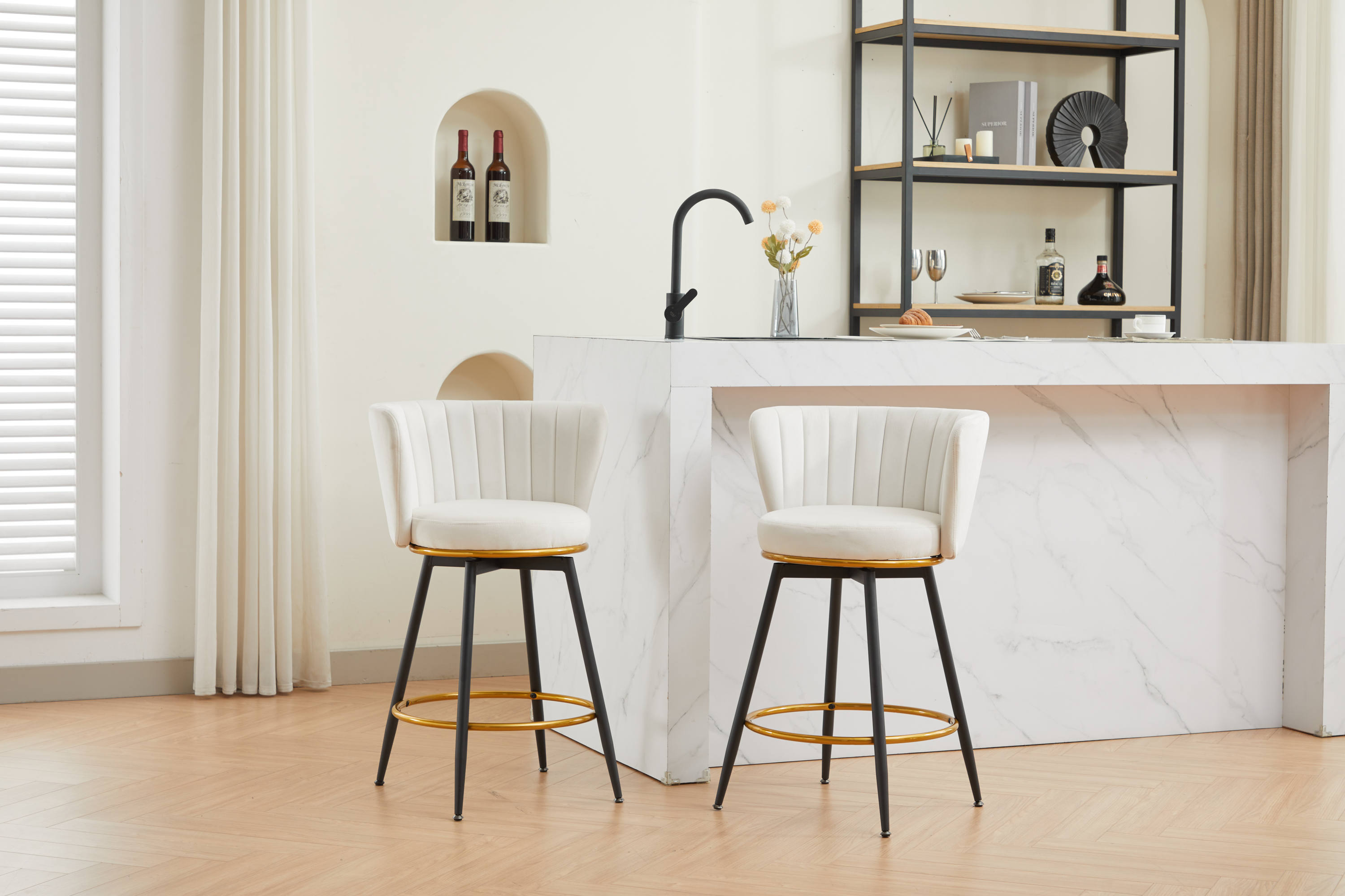 Set of 2 Counter Height Bar Stools - 360° Swivel Upholstered Barstools with Back Support & Sturdy Metal Legs, 26 Inch Seat Height, Soft Velvet Fabric, Gold Footrest - Perfect for Kitchen Islands, Breakfast Bars & Home Bars